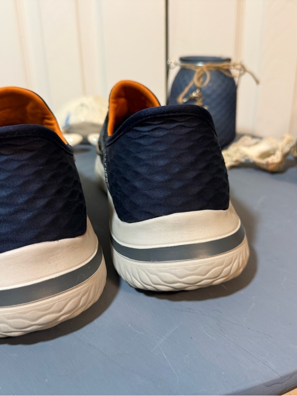 Skechers Men's Navy Knit Slip-On Sneaker with Orange Accent - Picture 4 of 6